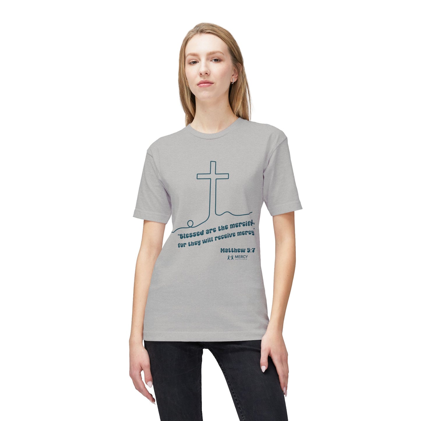 Christian Cross T-Shirt — "Blessed are the merciful" Matthew 5:7 Faith Tee