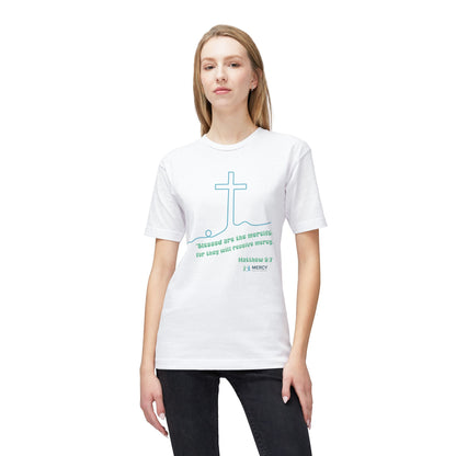 Christian Cross T-Shirt — "Blessed are the merciful" Matthew 5:7 Faith Tee