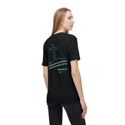 Design on back - Christian Cross T-Shirt — "Blessed are the merciful" Matthew 5:7 Faith Tee