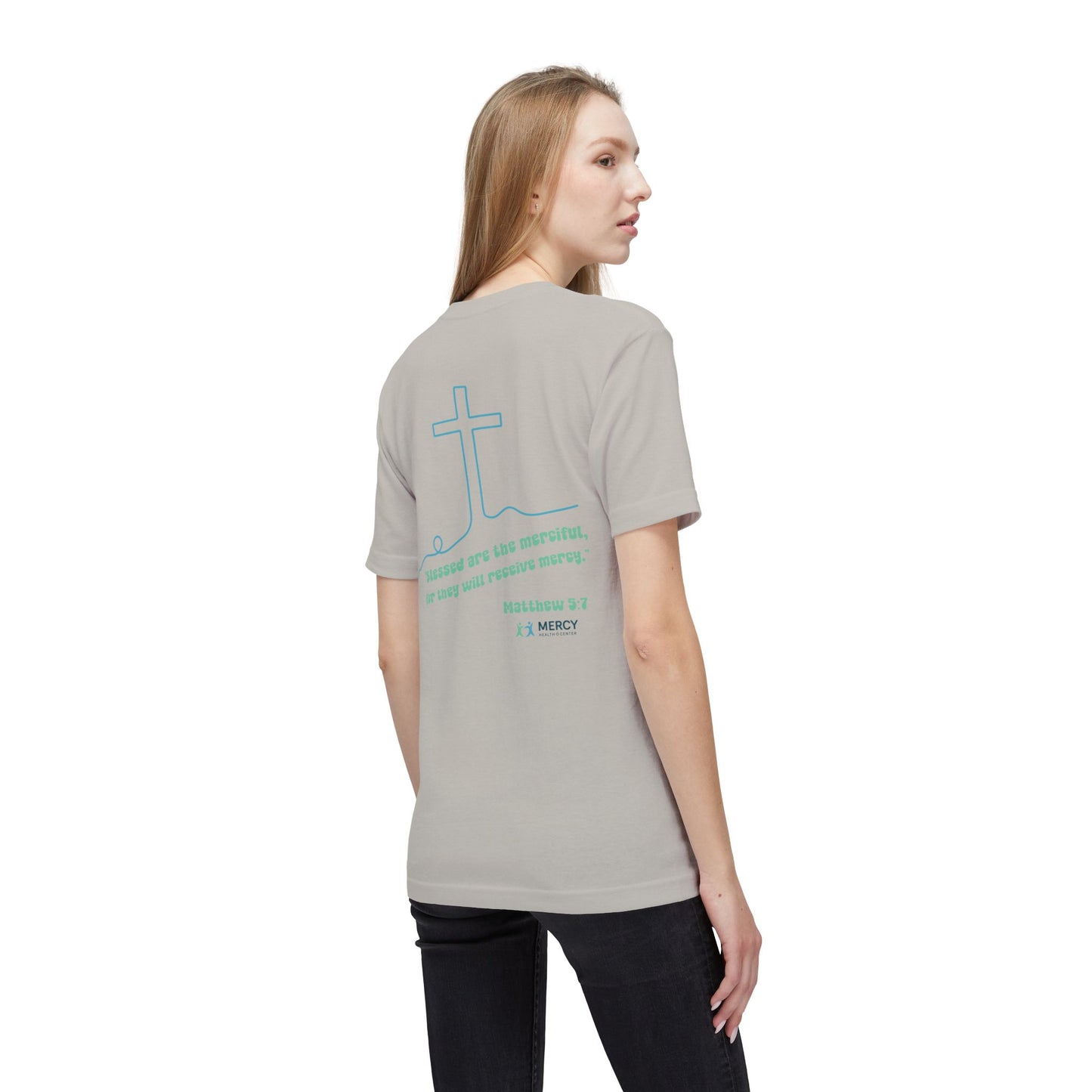 Design on back - Christian Cross T-Shirt — "Blessed are the merciful" Matthew 5:7 Faith Tee