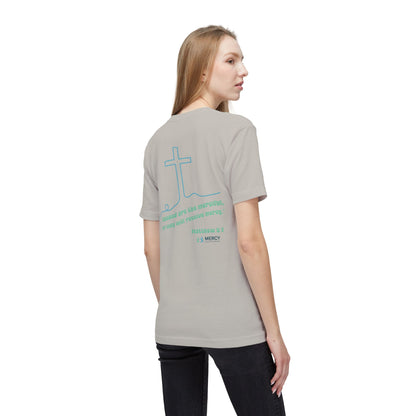 Design on back - Christian Cross T-Shirt — "Blessed are the merciful" Matthew 5:7 Faith Tee
