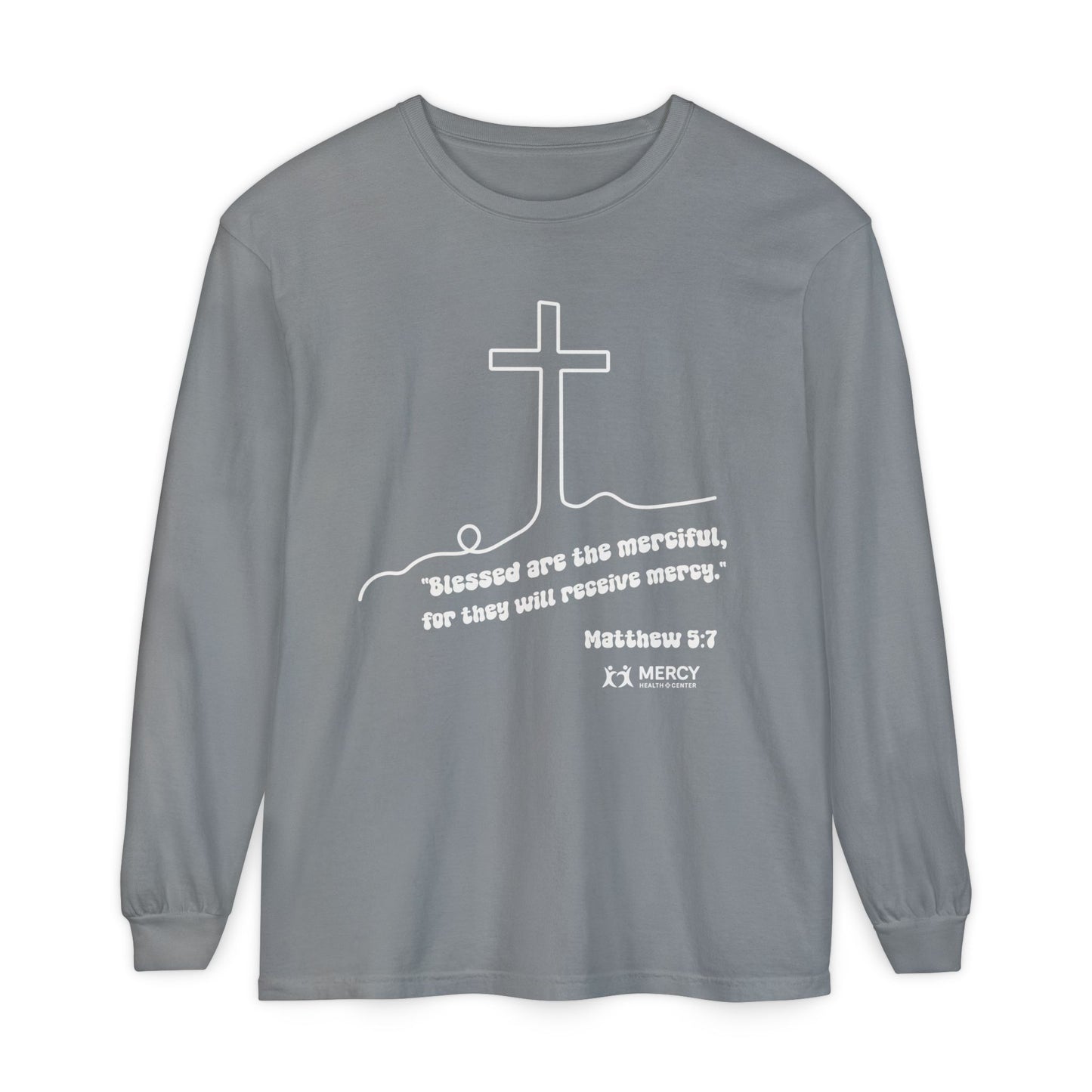 Mercy Health Center Long Sleeve Tee — 'Blessed are the merciful' Cross Design