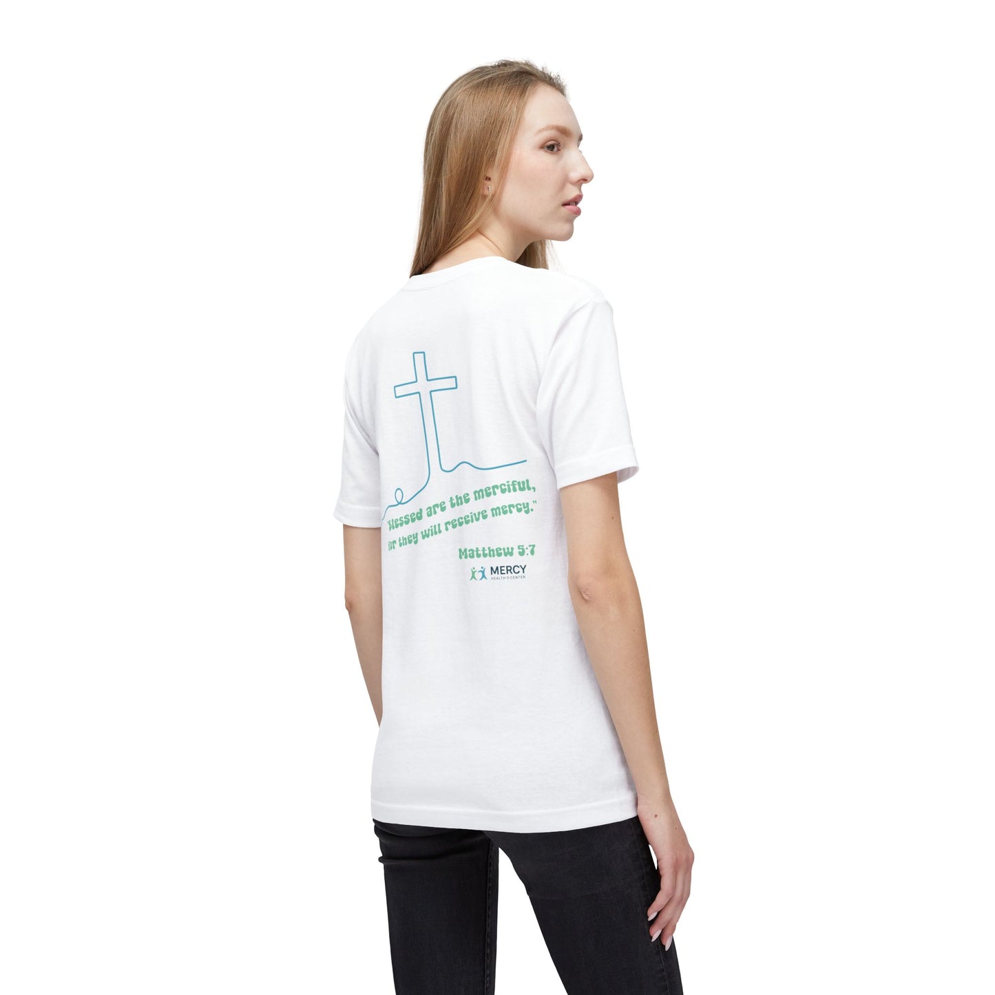 Design on back - Christian Cross T-Shirt — "Blessed are the merciful" Matthew 5:7 Faith Tee