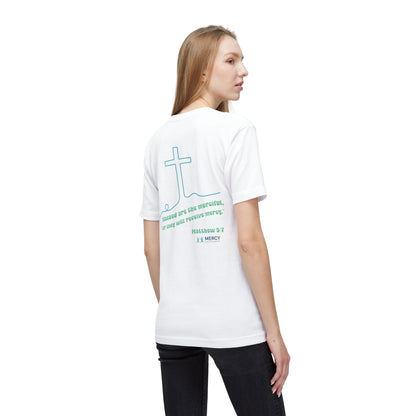 Design on back - Christian Cross T-Shirt — "Blessed are the merciful" Matthew 5:7 Faith Tee