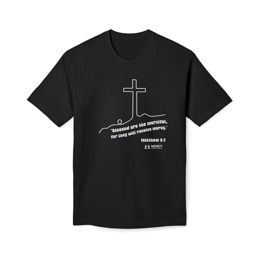 Christian Cross T-Shirt — "Blessed are the merciful" Matthew 5:7 Faith Tee