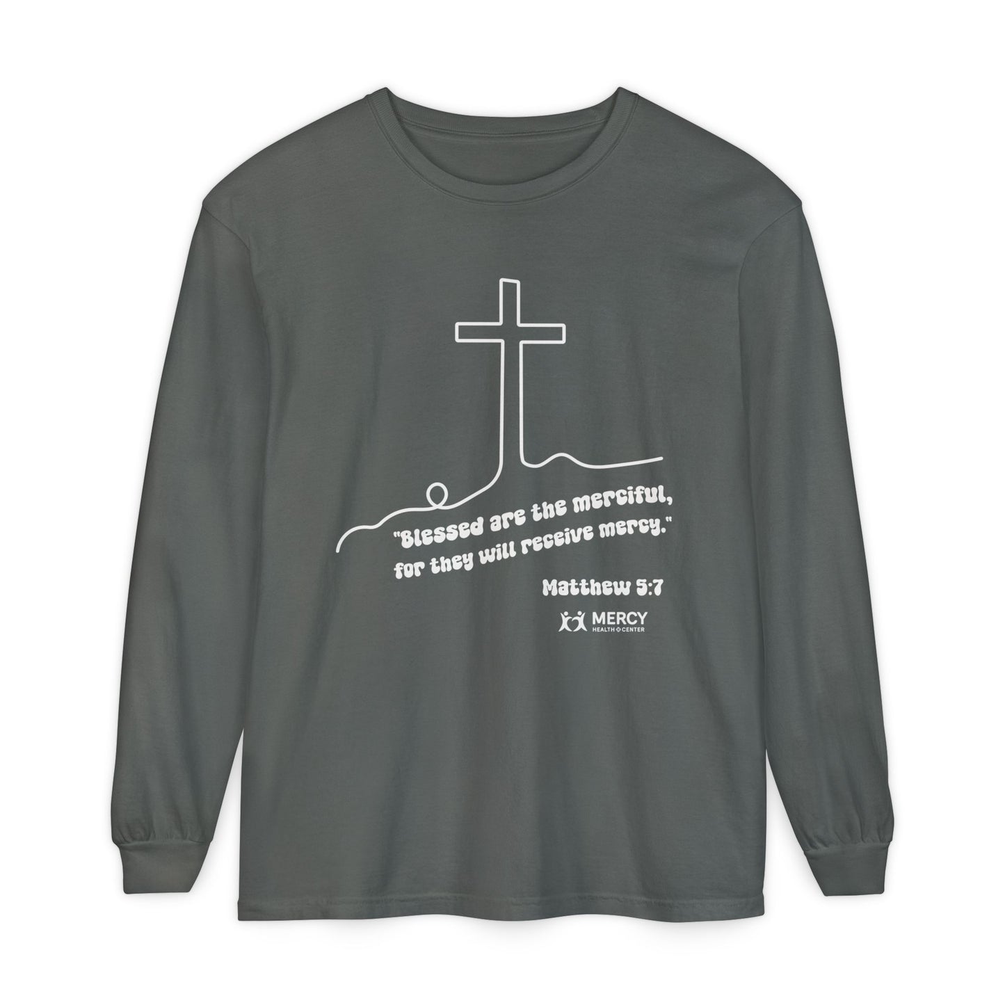Mercy Health Center Long Sleeve Tee — 'Blessed are the merciful' Cross Design