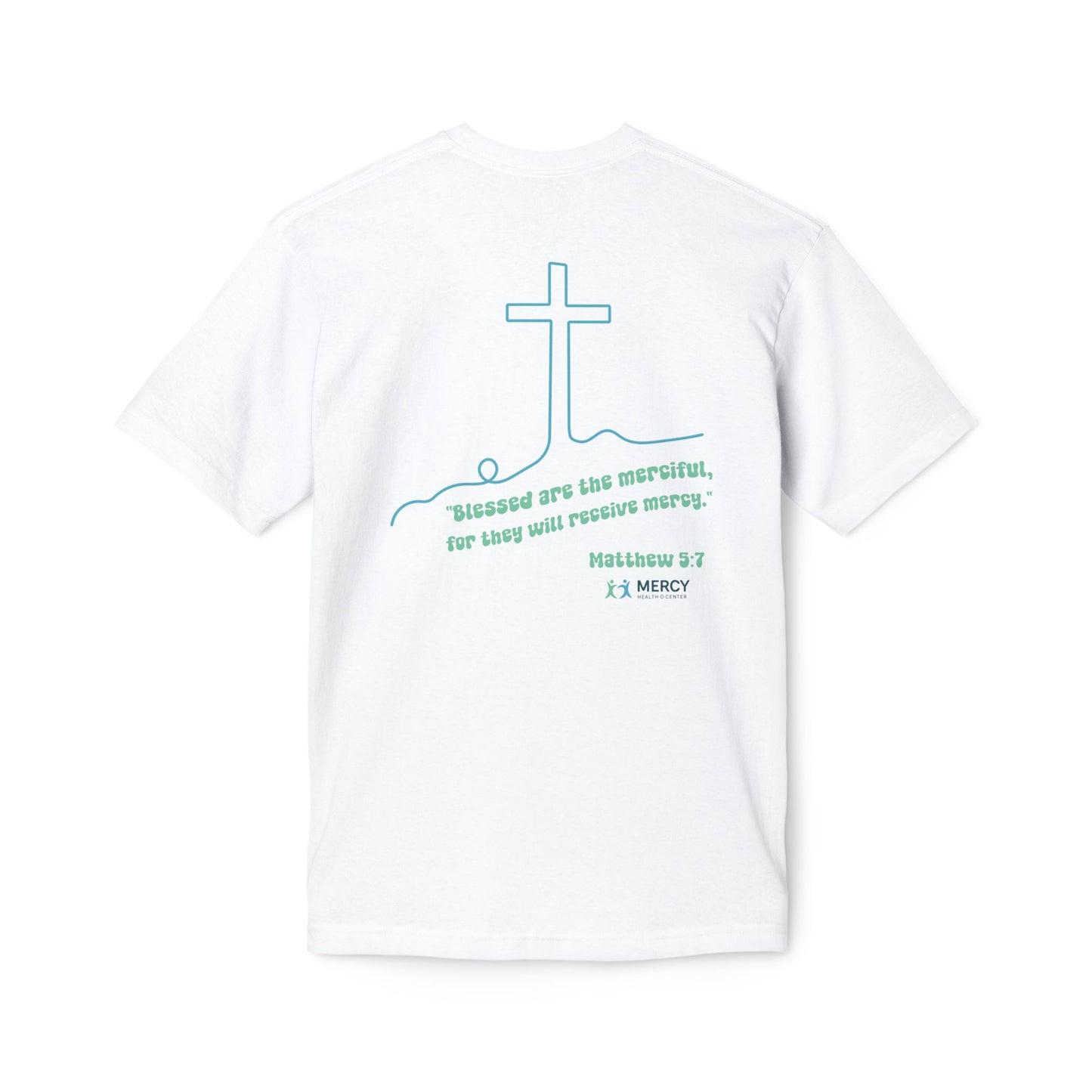 Design on back - Christian Cross T-Shirt — "Blessed are the merciful" Matthew 5:7 Faith Tee