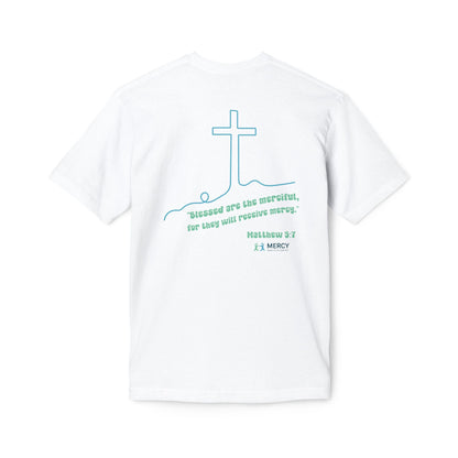 Design on back - Christian Cross T-Shirt — "Blessed are the merciful" Matthew 5:7 Faith Tee
