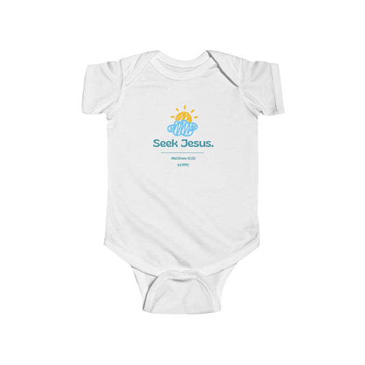 Values Collection - Seek Jesus. Infant Bodysuit - "First Things First" Christian Baby Onesie with "Seek Jesus" Back Design