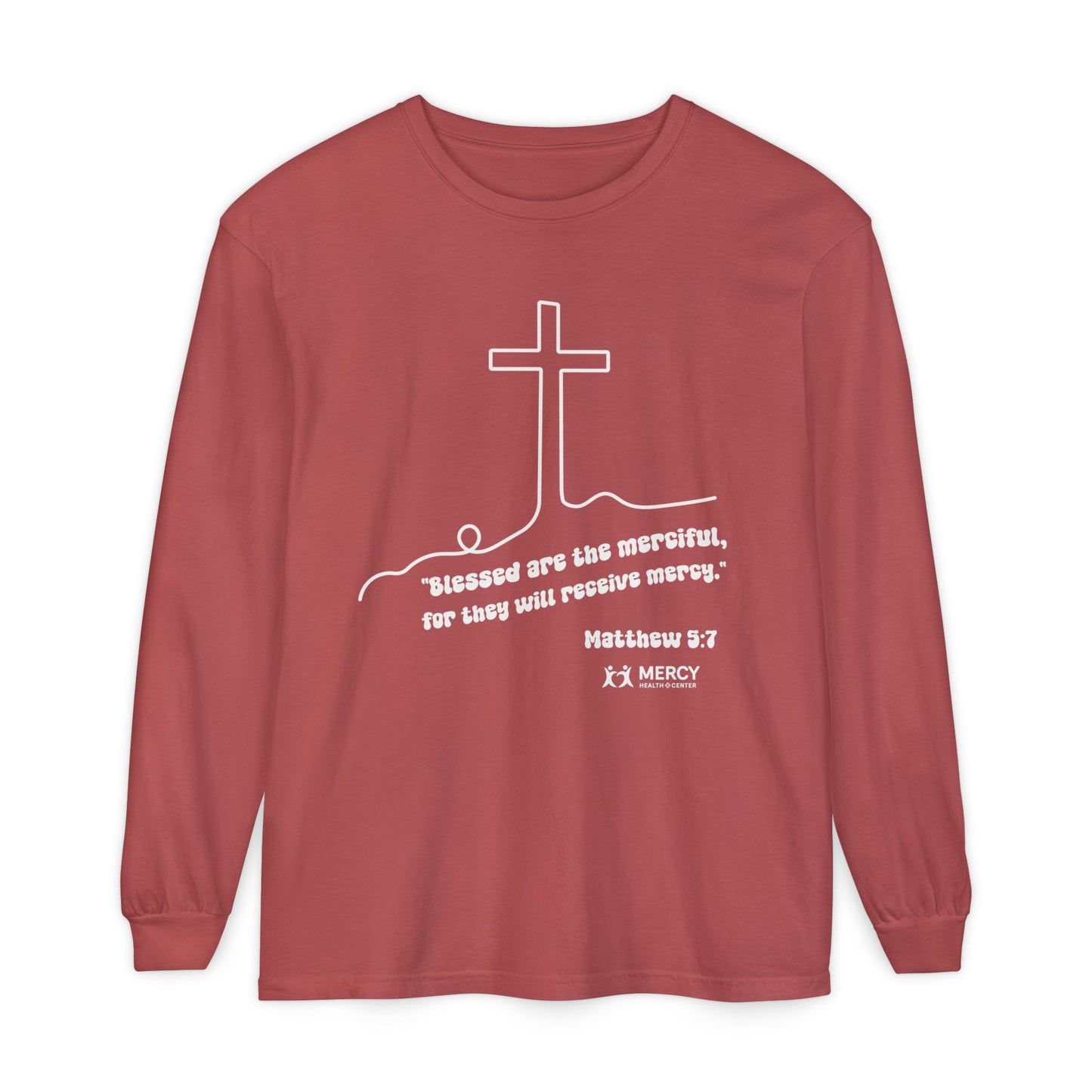 Mercy Health Center Long Sleeve Tee — 'Blessed are the merciful' Cross Design