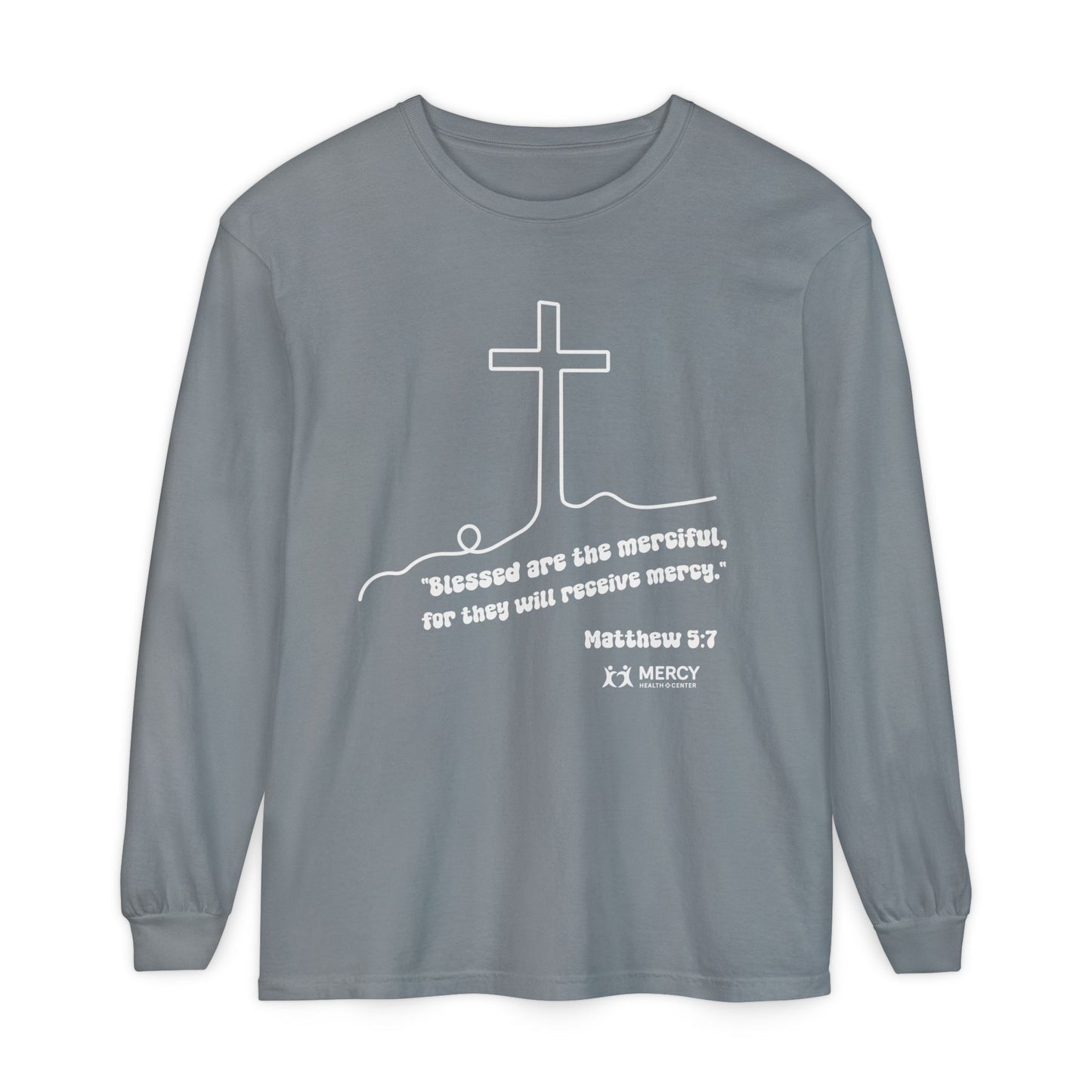 Mercy Health Center Long Sleeve Tee — 'Blessed are the merciful' Cross Design
