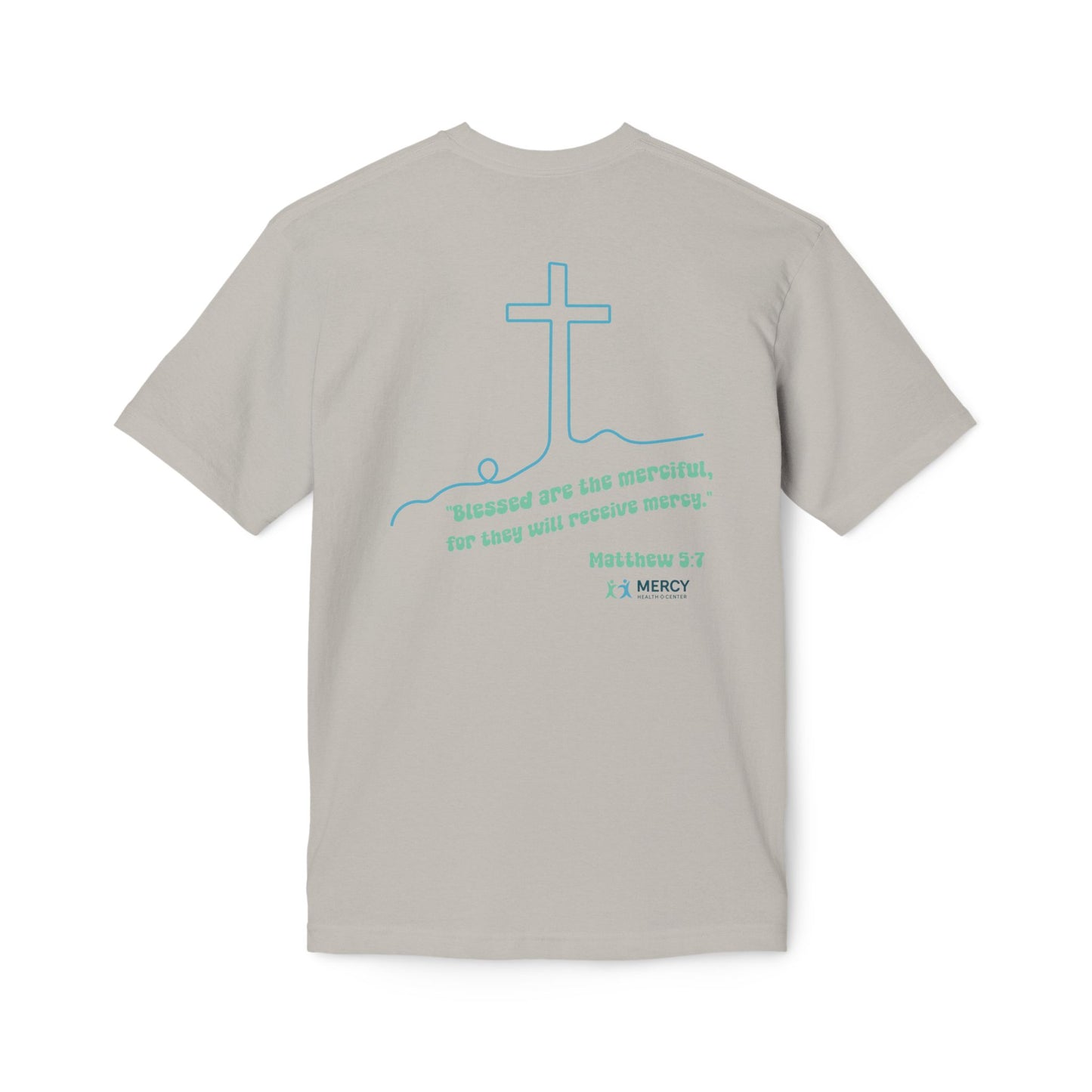 Design on back - Christian Cross T-Shirt — "Blessed are the merciful" Matthew 5:7 Faith Tee