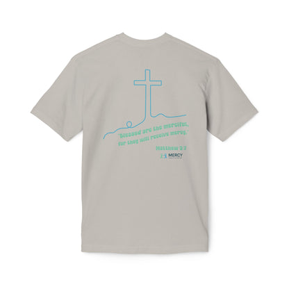 Design on back - Christian Cross T-Shirt — "Blessed are the merciful" Matthew 5:7 Faith Tee