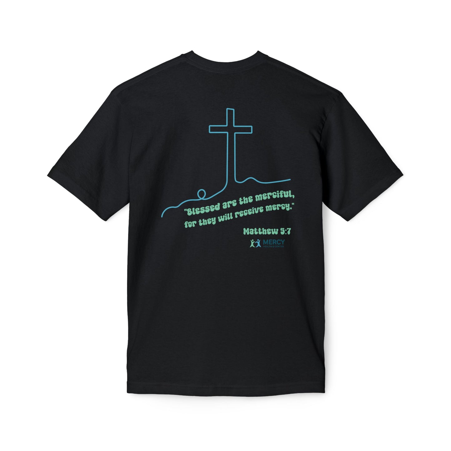 Design on back - Christian Cross T-Shirt — "Blessed are the merciful" Matthew 5:7 Faith Tee
